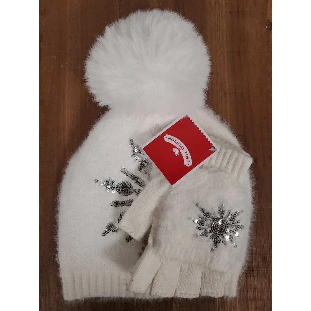 Sequin Snowflake Hat & Gloves Set White Pom Pom Open Finger Texting Women's NEW